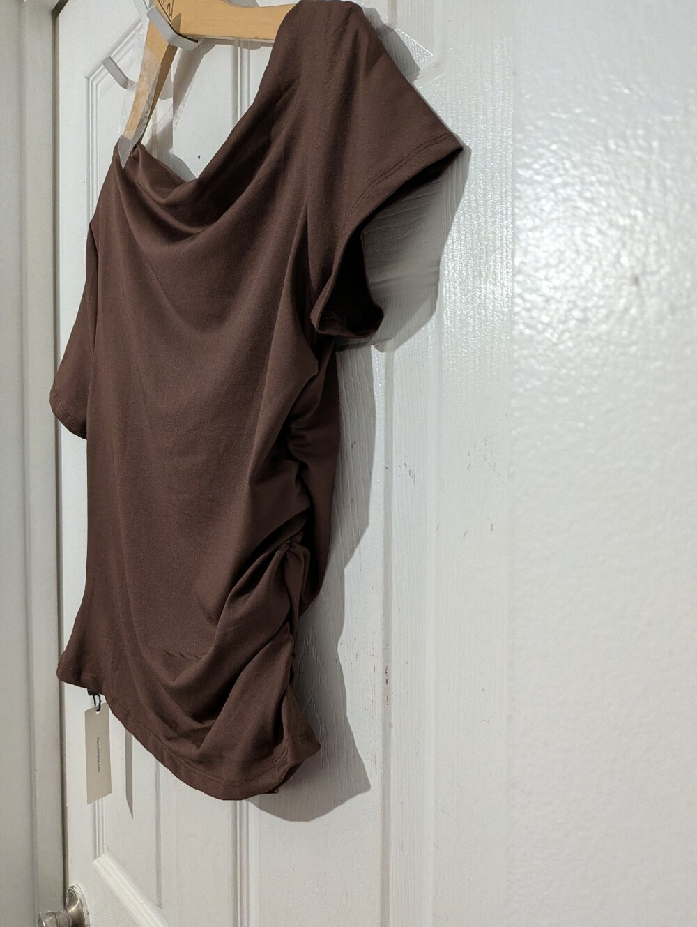 Commense Ruched Off Shoulder Slim Short Sleeve Top - Picture 7 of 9